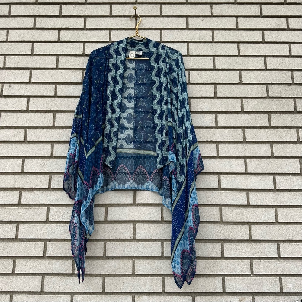 Akemi + Kin Blue Patchwork Kimono Open Front Sheer Boho Layering Wrap OS - Picture 3 of 9